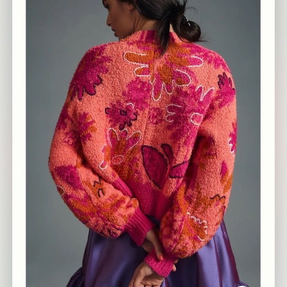 By Anthropologie Embroidered Cardigan Sweater Pink Combo Small - Picture 10 of 16